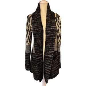 Lucky Brand Heavy Sweater, Black & White Boho Warm Cardigan with Pockets, Medium